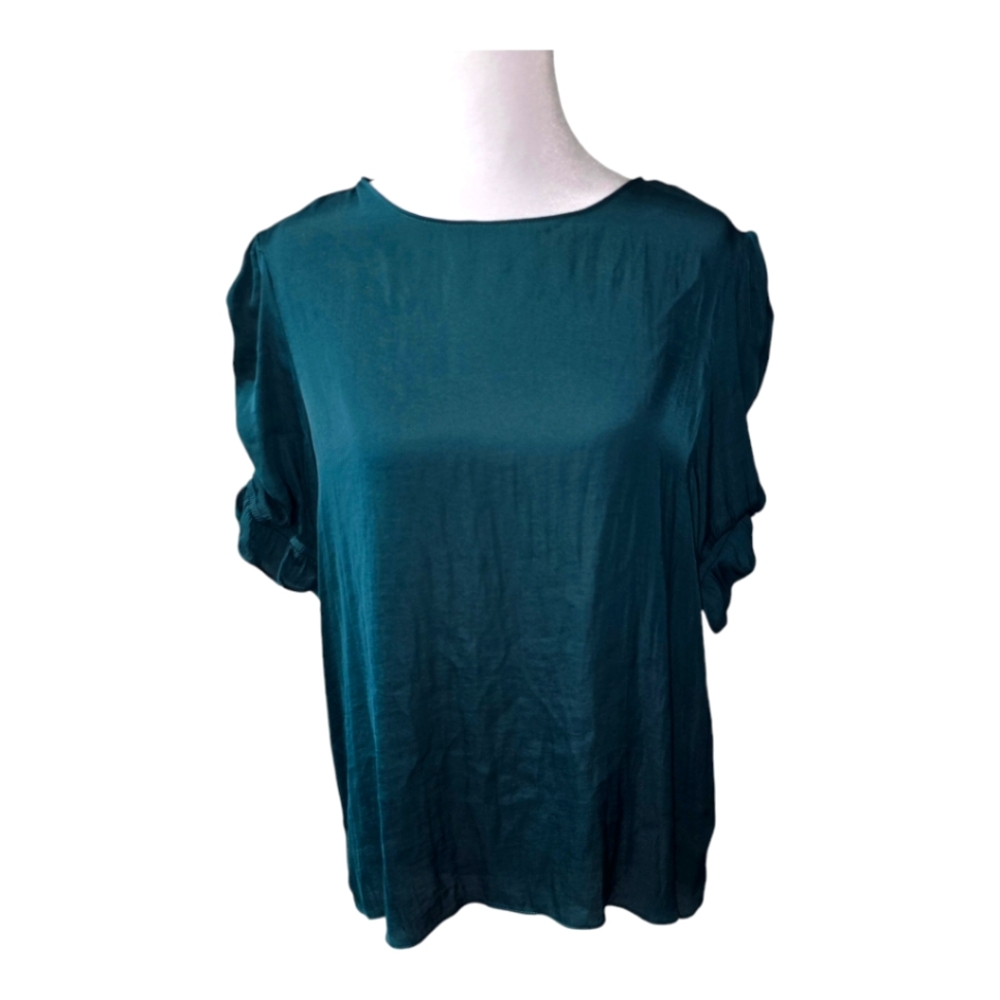 NWT Fab'rik Green Women's Top Ruche Sleeves Size M